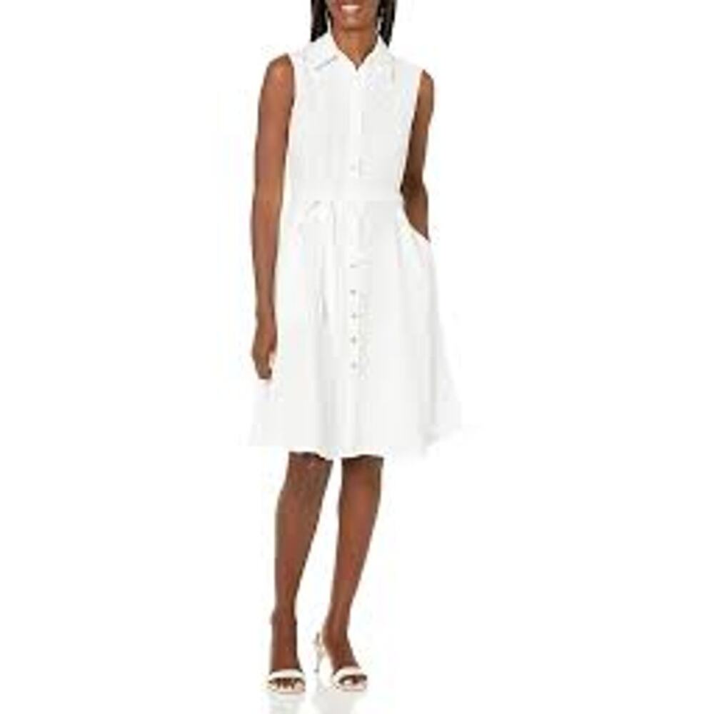 Sharagano Ivory Collared Sleeveless Tie Waist Solid A-line Rayon Dress Size 10